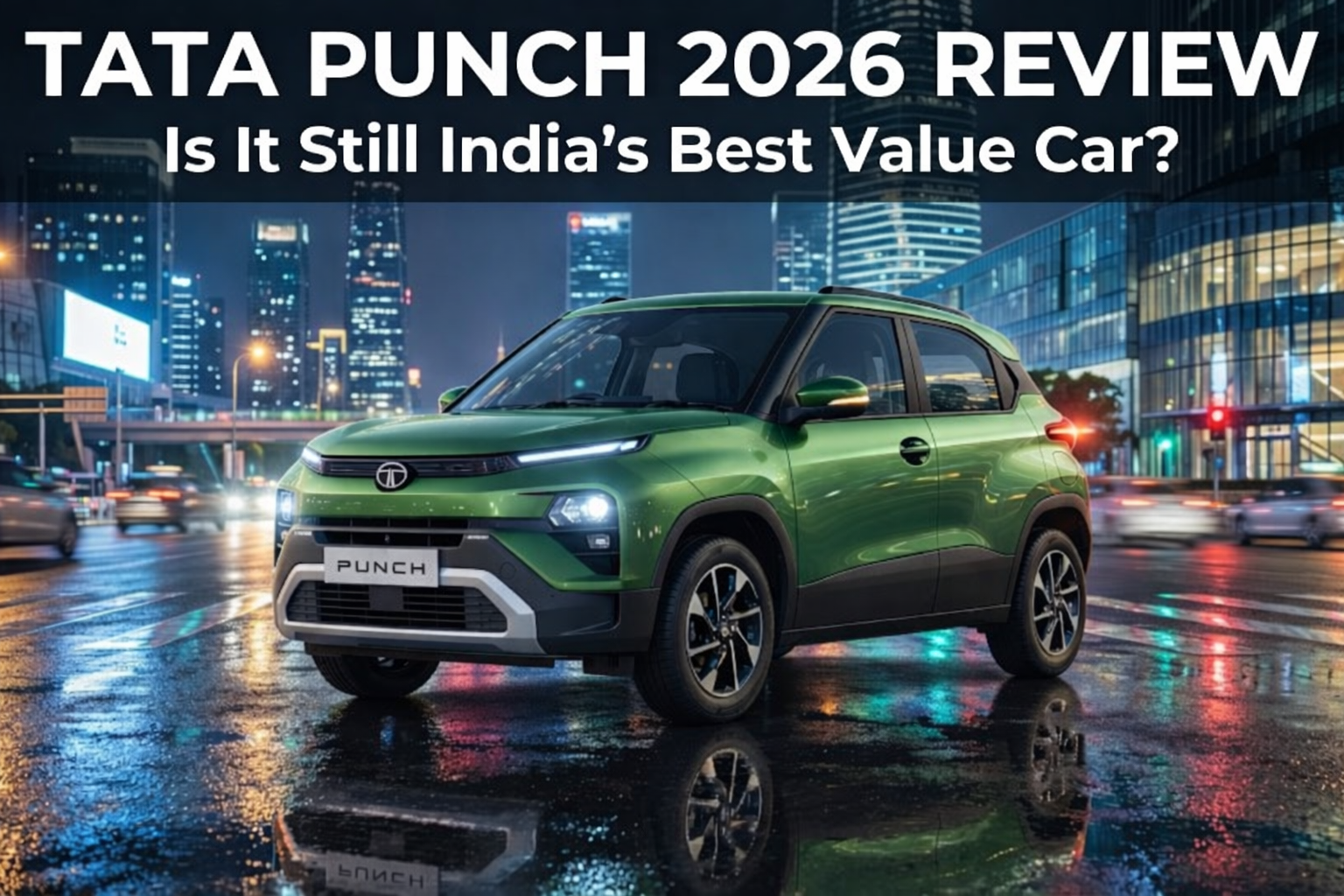 A professional photograph of the new 2026 Tata Punch Facelift SUV in green, viewed from the front three-quarter angle on a wet Indian city street at night. Bold white text overlay at the top reads, 'TATA PUNCH 2026 REVIEW,' with the subtitle, 'Is It Still India’s Best Value Car?'. The background shows a blurred urban night scene with auto-rickshaws and skyscrapers.